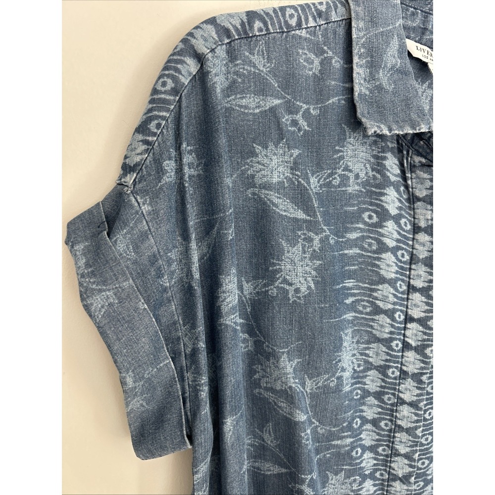 Liverpool Los Angeles Women's S Denim Blue Floral Short Sleeve Button-up Blouse - Picture 5 of 14